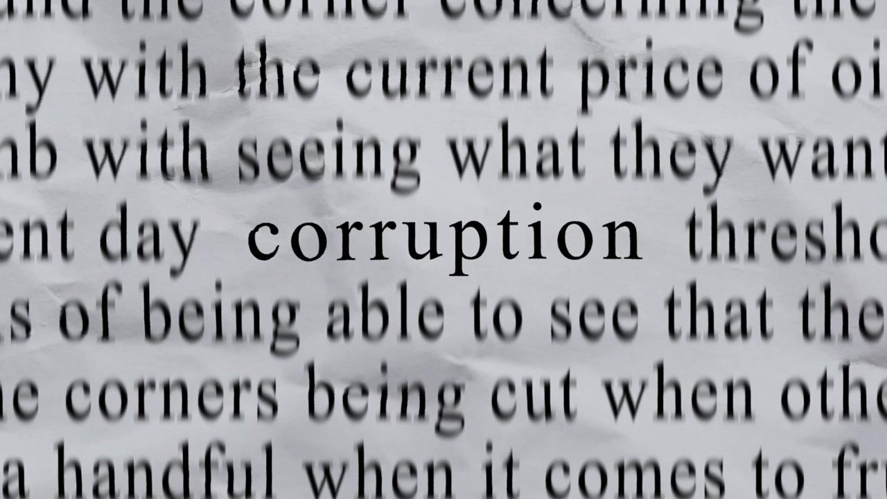 CORRUPTION Text in Centre with High-energy Fast Text Stop-Motion Writing Cycling Rapidly on Crinkled Texture Paper. Newspaper Cuttings Style ani.
