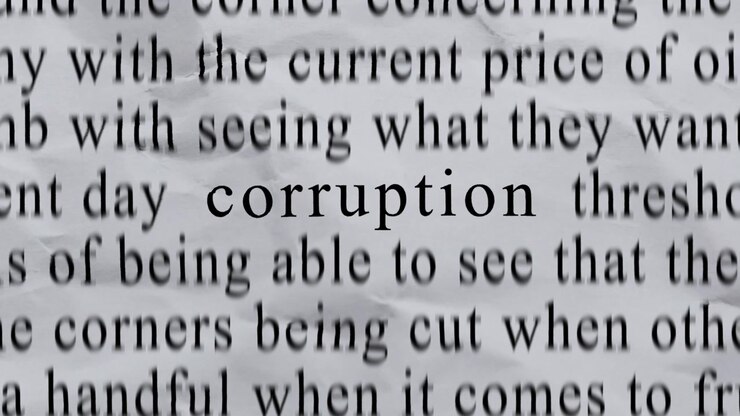 CORRUPTION Text in Centre with High-energy Fast Text Stop-Motion Writing Cycling Rapidly on Crinkled Texture Paper. Newspaper Cuttings Style ani.