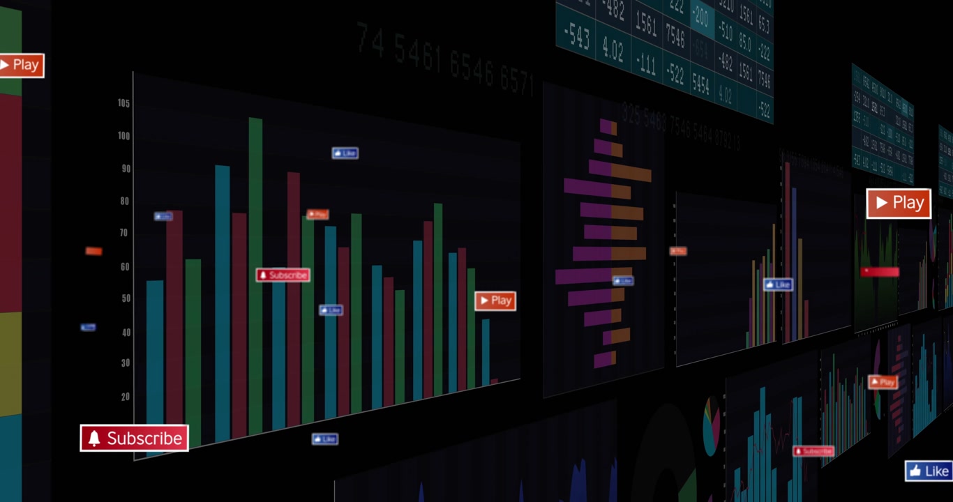 Camera starting sweep, data wall revealing stacked bars, charts, badges drifting, showing trends