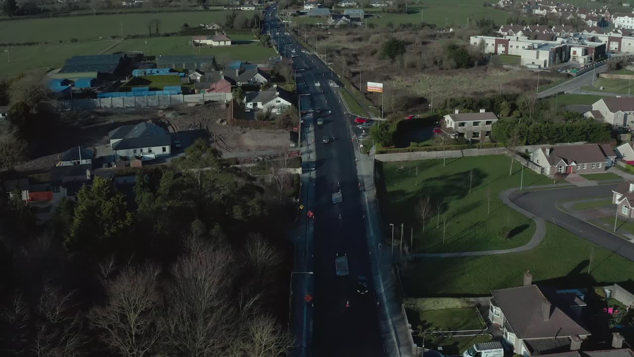 Aerial birds eye view of rural neighborhood at day, still shot