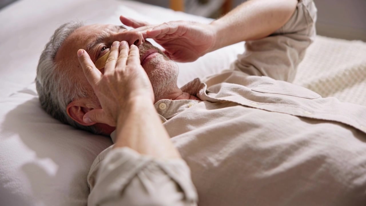 Reclining senior man on bed in tan shirt raising hands adjusting gold gel eye patches soothing