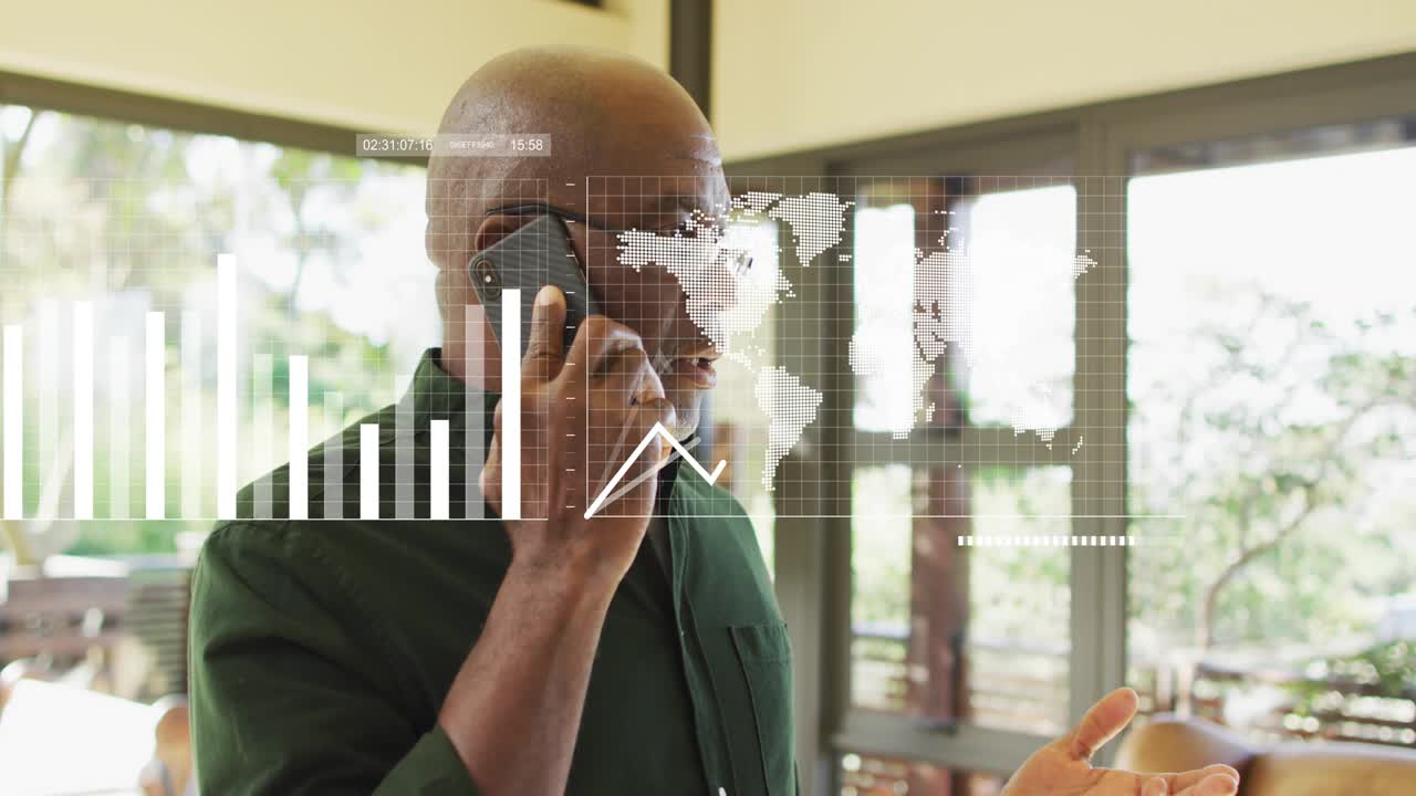 Senior man holding phone, explaining while initiating business charts overlapping man and windows