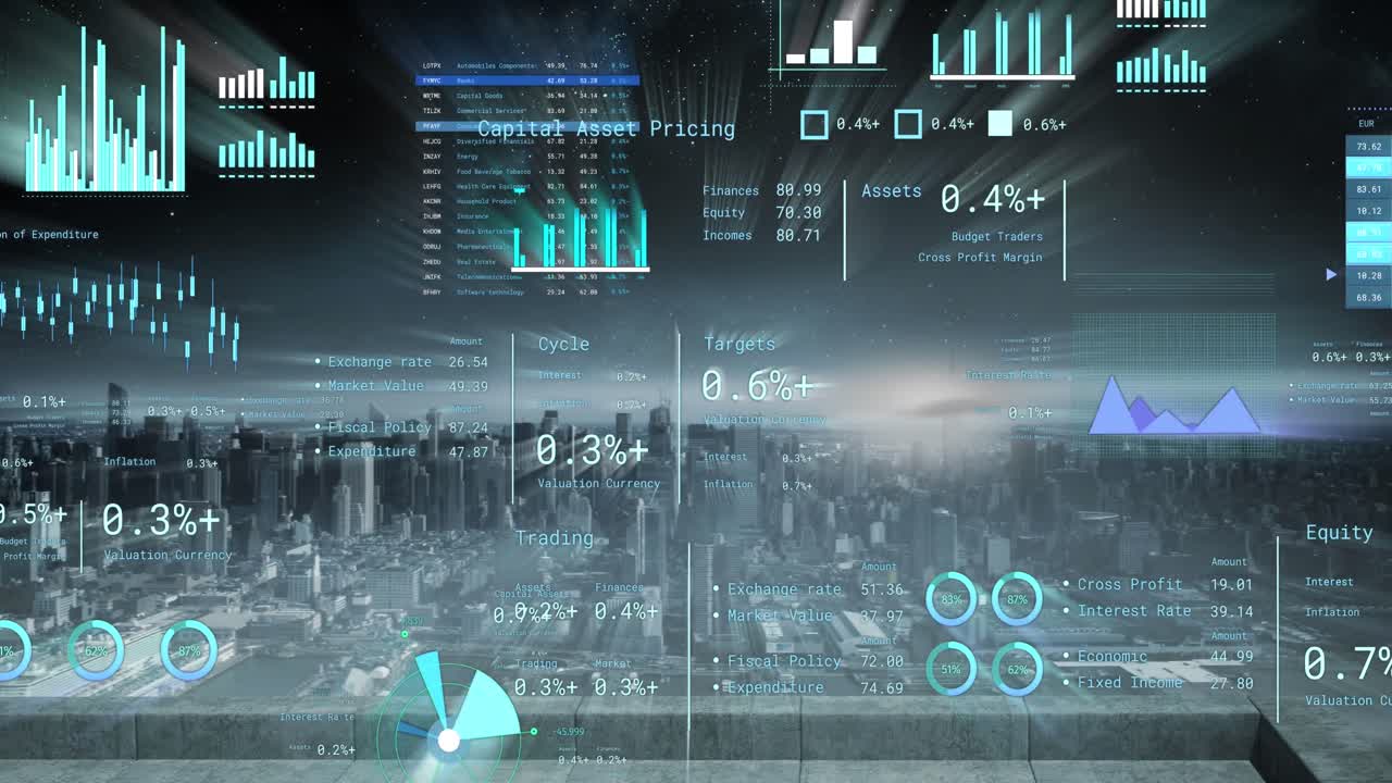 Animation of financial data processing over cityscape