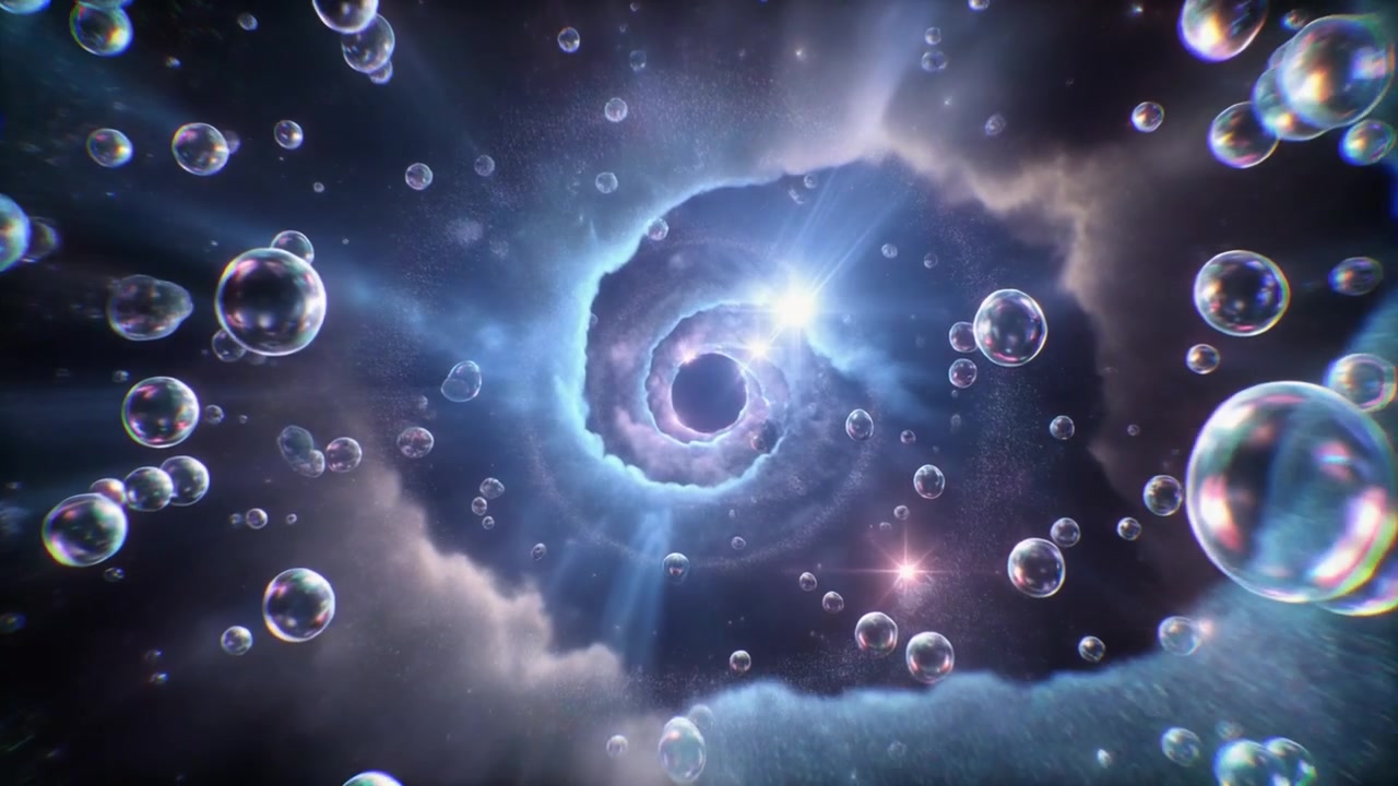 Abstract Cosmic Spiral Tunnel with Floating Bubbles