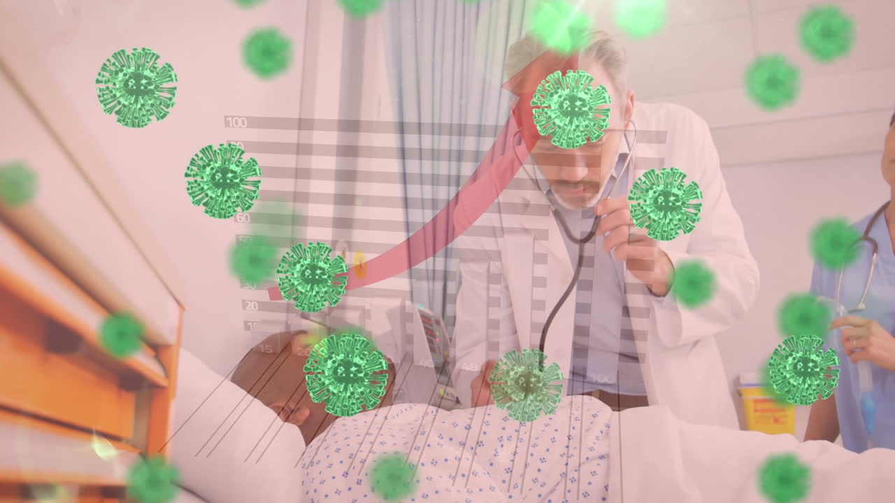 células de covid-19 y procesamiento de datos estadísticos contra un médico masculino examinando a un paciente en el hospital