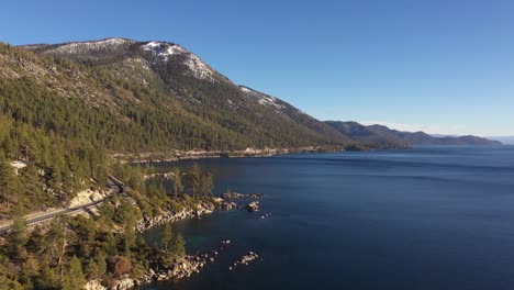 drone aerial along the shores of lake tahoe on the border of california and nevada