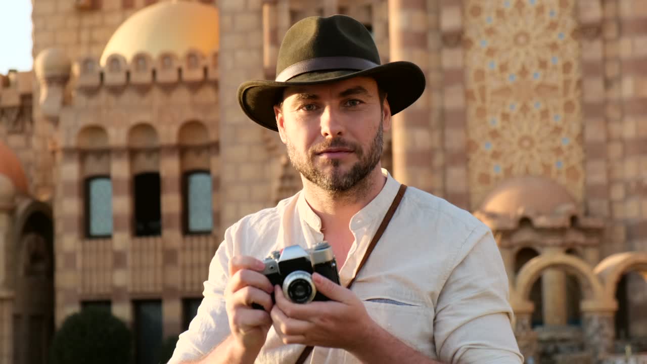 un uomo coraggioso in stile cowboy scatta una foto con una telecamera retro..moschea