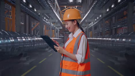 side view of asian female engineer with safety helmet working on a tablet while standing with metal pipes