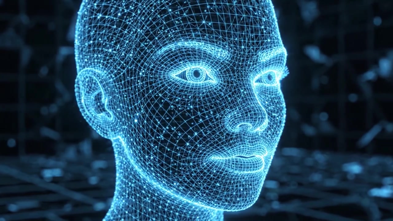 Una rappresentazione mozzafiato di un avatar digitale futuristico in una visualizzazione wireframe, che ottimizza l'intersezione tra tecnologia ed estetica umana in un ambiente 3D