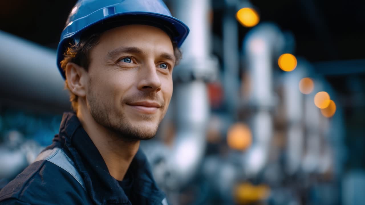 Un lavoratore sicuro di sé con un cappello blu sorride mentre osserva macchinari industriali, mostrando competenza e impegno per la sicurezza in un ambiente di lavoro moderno.