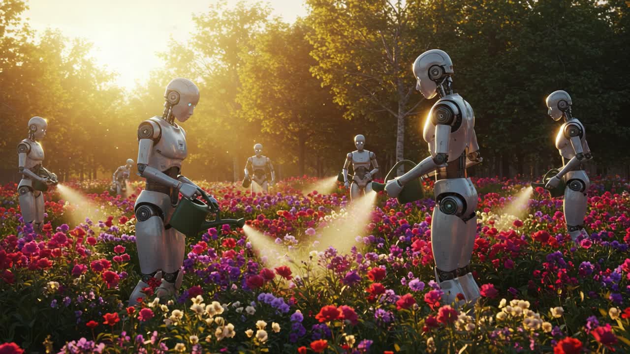 In a vibrant floral field, humanoid robots gracefully water blooming flowers at sunrise, showcasing a blend of technology and nature in an enchanting landscape