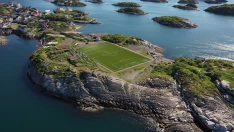 norway lofoten football field stadium in henningsvaer from above.