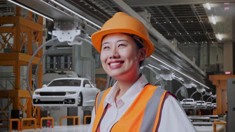 vista lateral de cerca de una ingeniera asiática con casco de seguridad mirando a su alrededor mientras está de pie con los brazos akimbo en la fábrica de automóviles ev