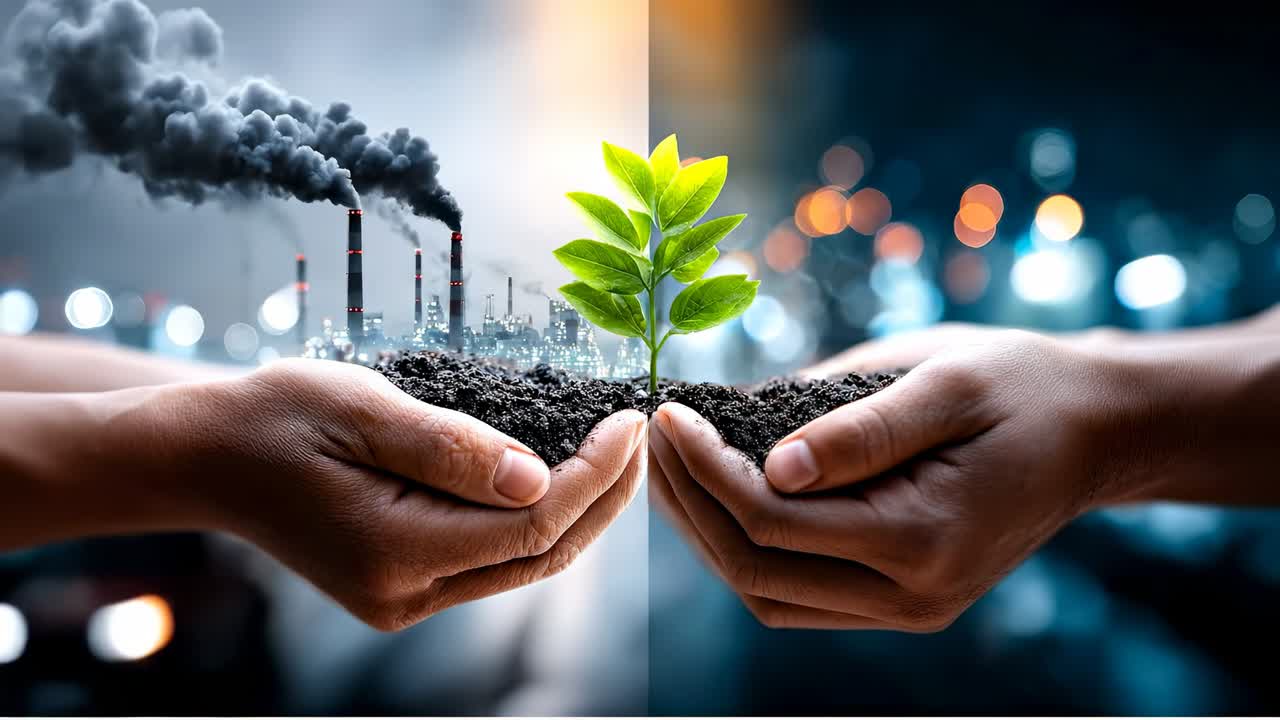 Hands hold green plant and city skyline. Two hands hold dark soil with a green plant, contrasting with factory smoke rising in the background
