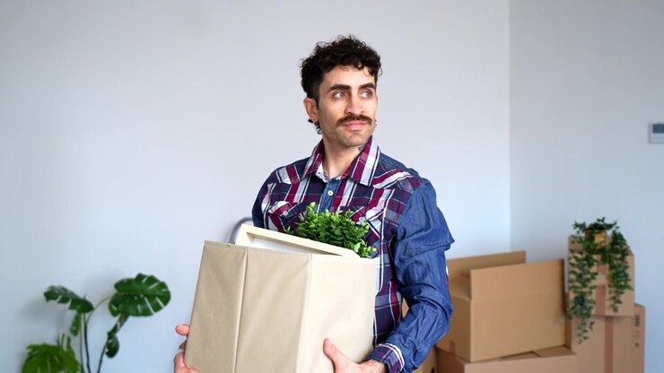 Young Man Holding Moving Box in New Apartment