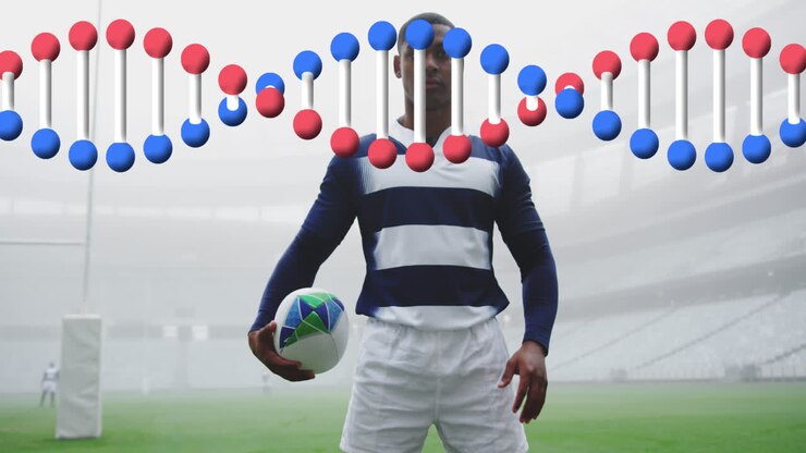 Animazione di un filamento di DNA su giocatori di rugby maschi allo stadio