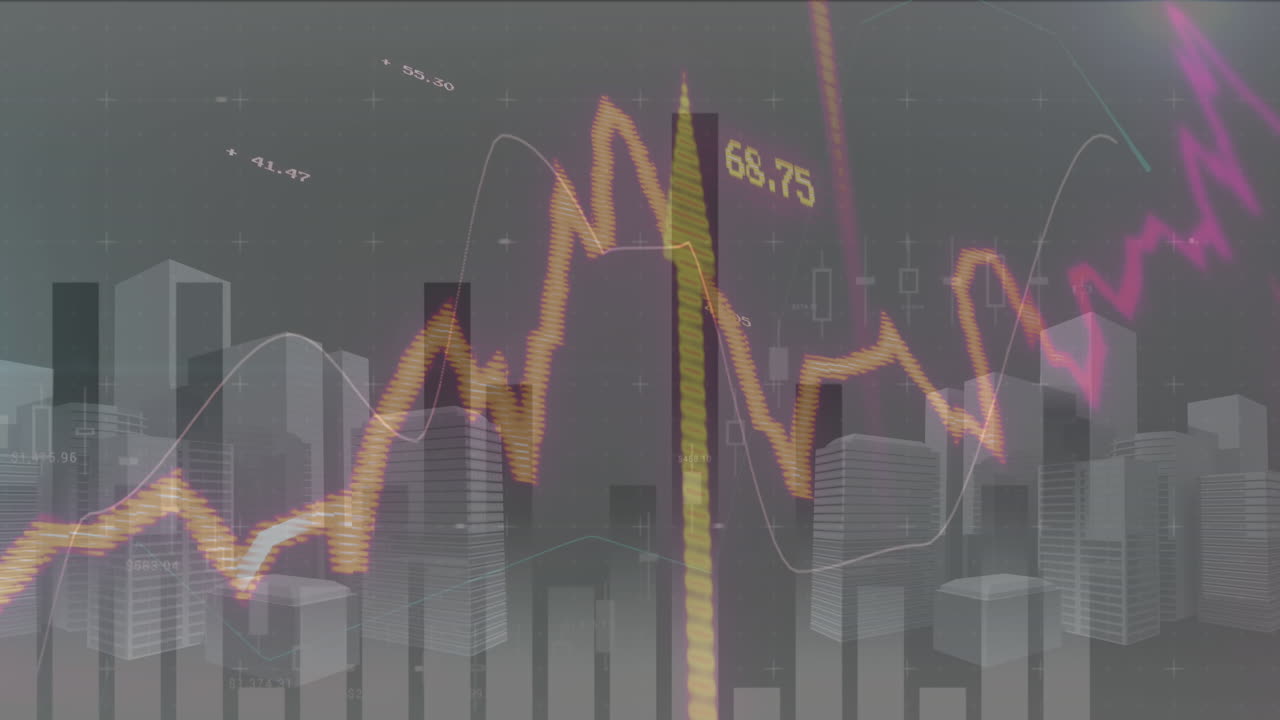 회색 배경에 대한 3d 도시 모델에 대한 통계 데이터 처리의 애니메이션