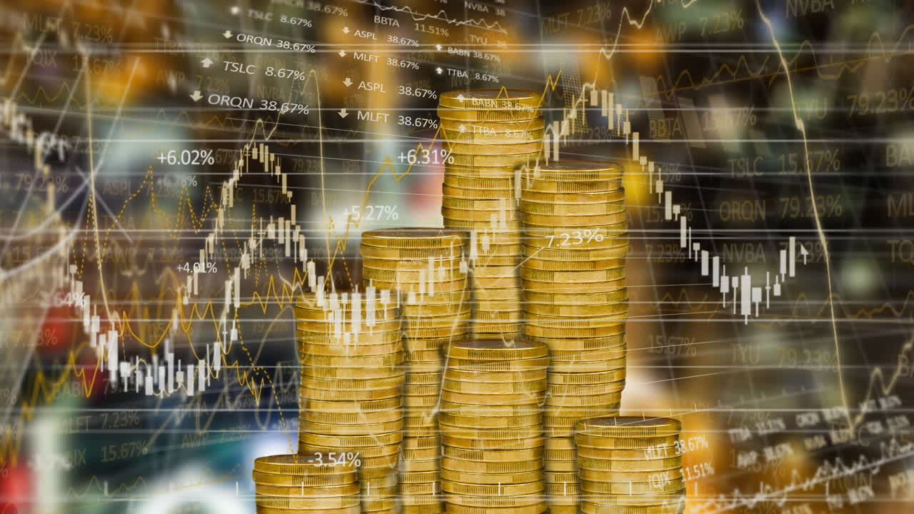 금 동전  ⁇ 어리 위의 금융 데이터 처리 애니메이션