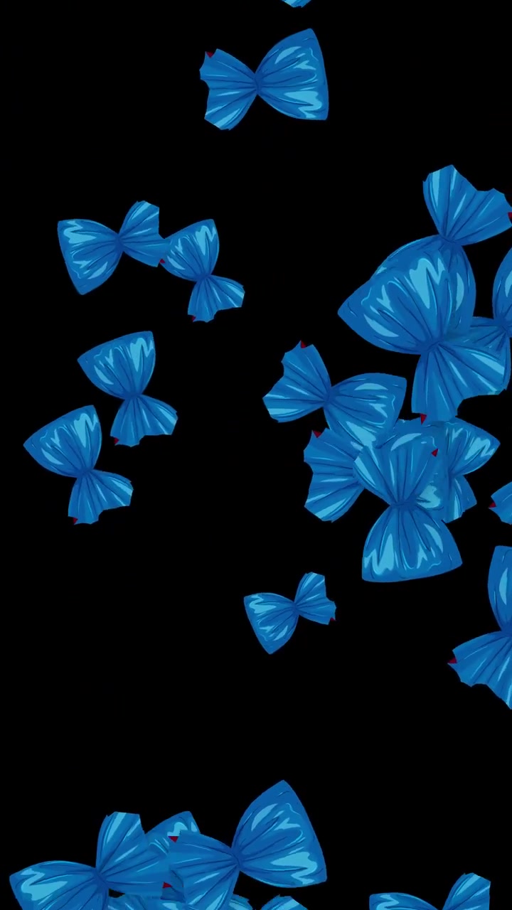 Caramelle incartate blu cadono e rotolano attraverso una cornice verticale su uno sfondo nero.