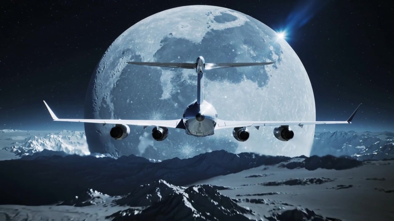 Flyvende widebody-jet holder lav kurs over kraterflade, flare vises nær månen og indrammer profil.
