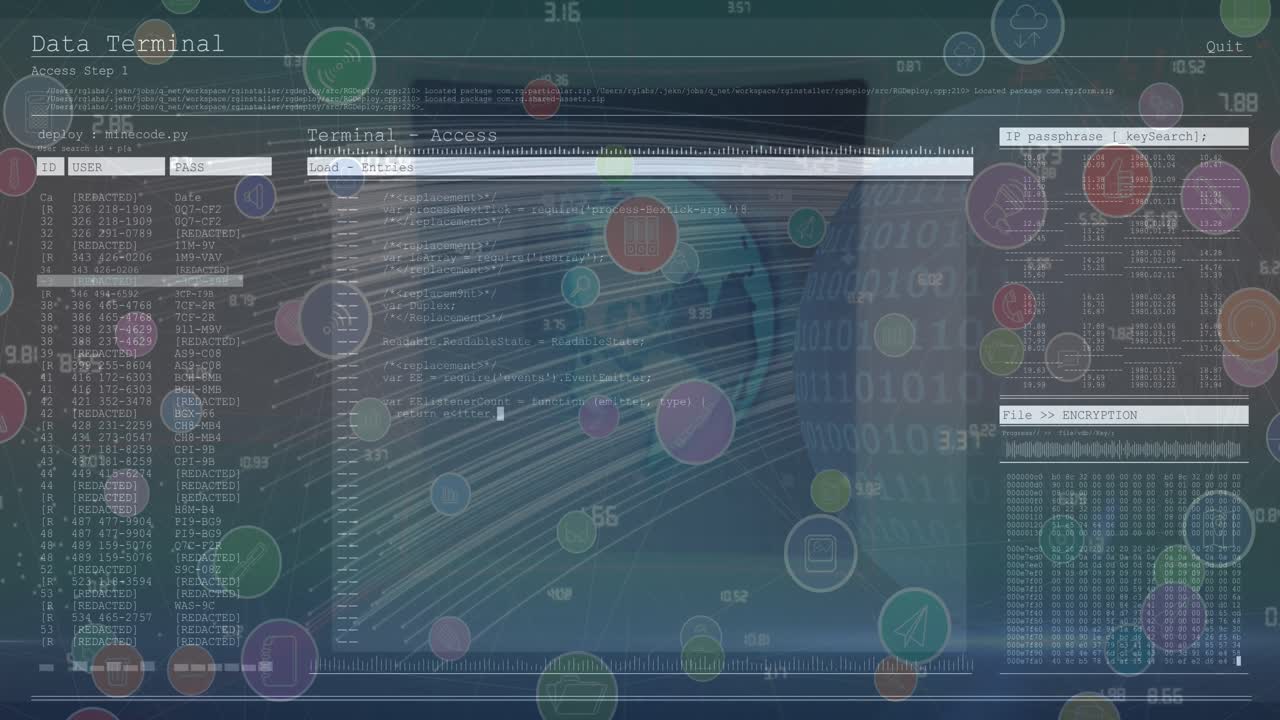Animation of network of connections with icons over globe and data processing