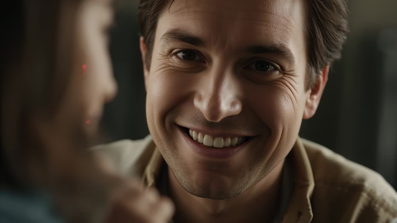 Hearing blurred child at left speaking, listening man smiling and reassuring at home in tan shirt