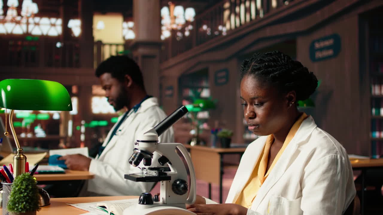 estudiante negro investigando biotecnología en una biblioteca universitaria