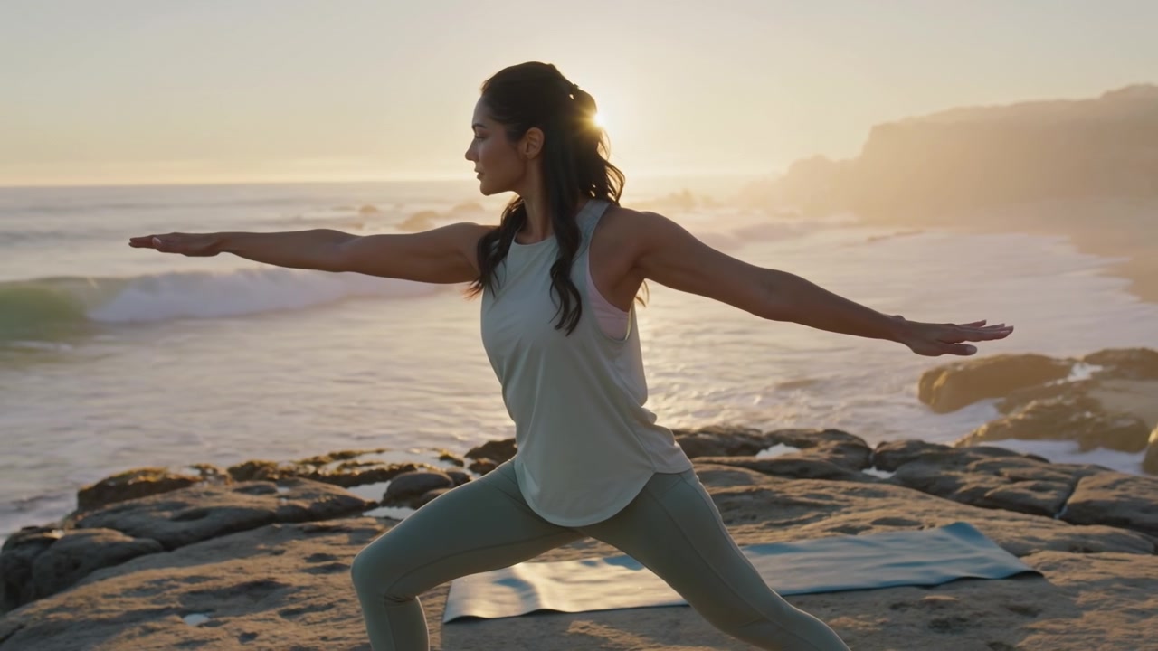 Giovane donna che pratica una posa yoga su una riva rocciosa vicino all'oceano al tramonto