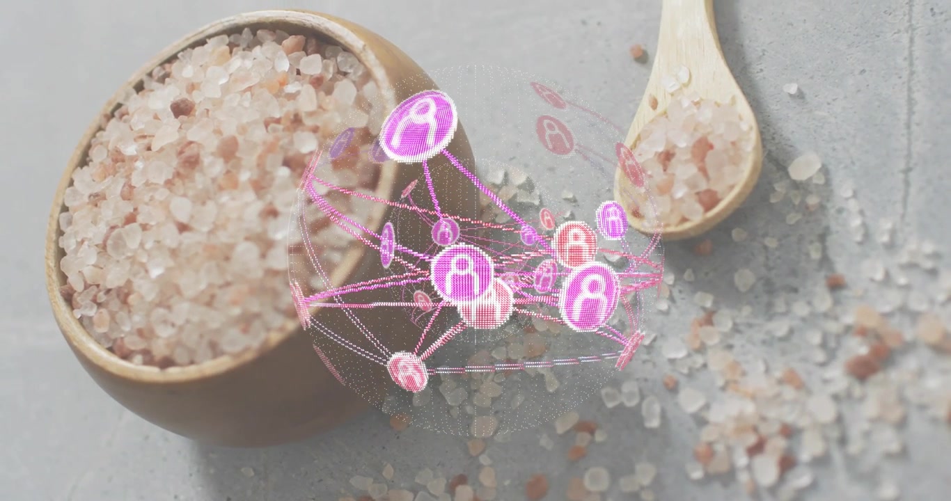 Hologram appearing above salt bowl, linking avatars, rotating centering icon showing digital links