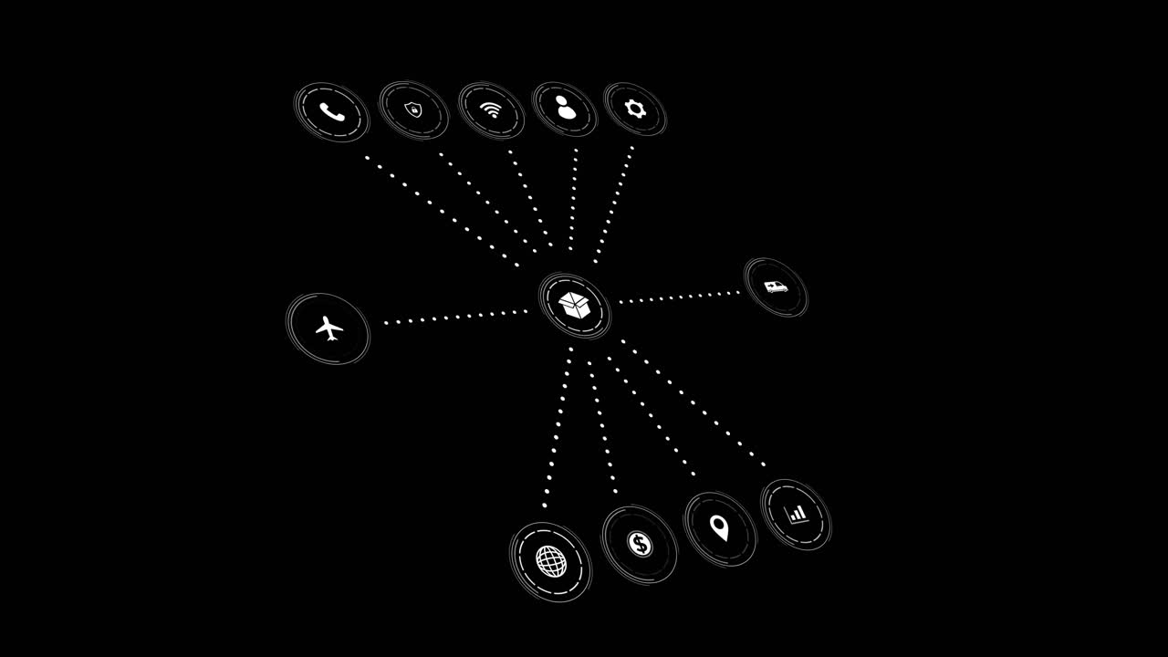 animación de la red de conexiones con iconos sobre fondo negro
