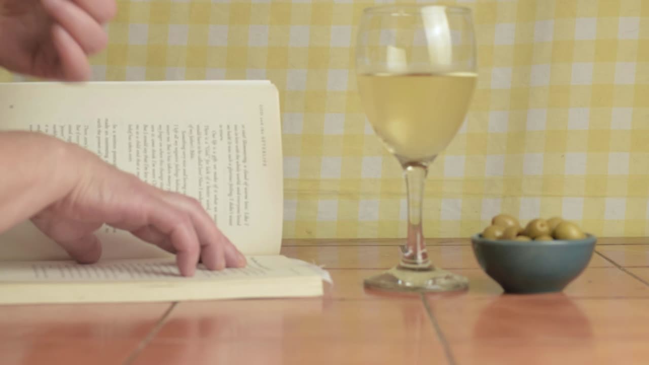 leyendo una novela mientras disfrutamos de vino blanco y aceitunas plano medio