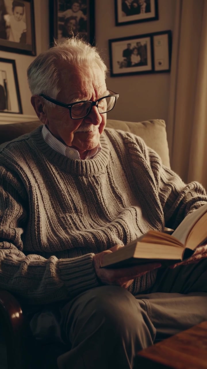 Elderly Man Reading a Book in a Cozy Living Room
