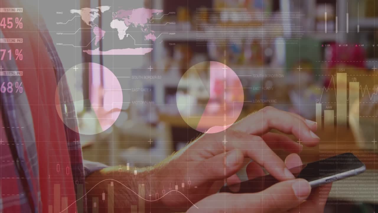 스마트 폰을 사용하는 여성에 대한 통계 및 데이터 처리 애니메이션