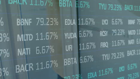 animation of statistics and data processing over man opening door