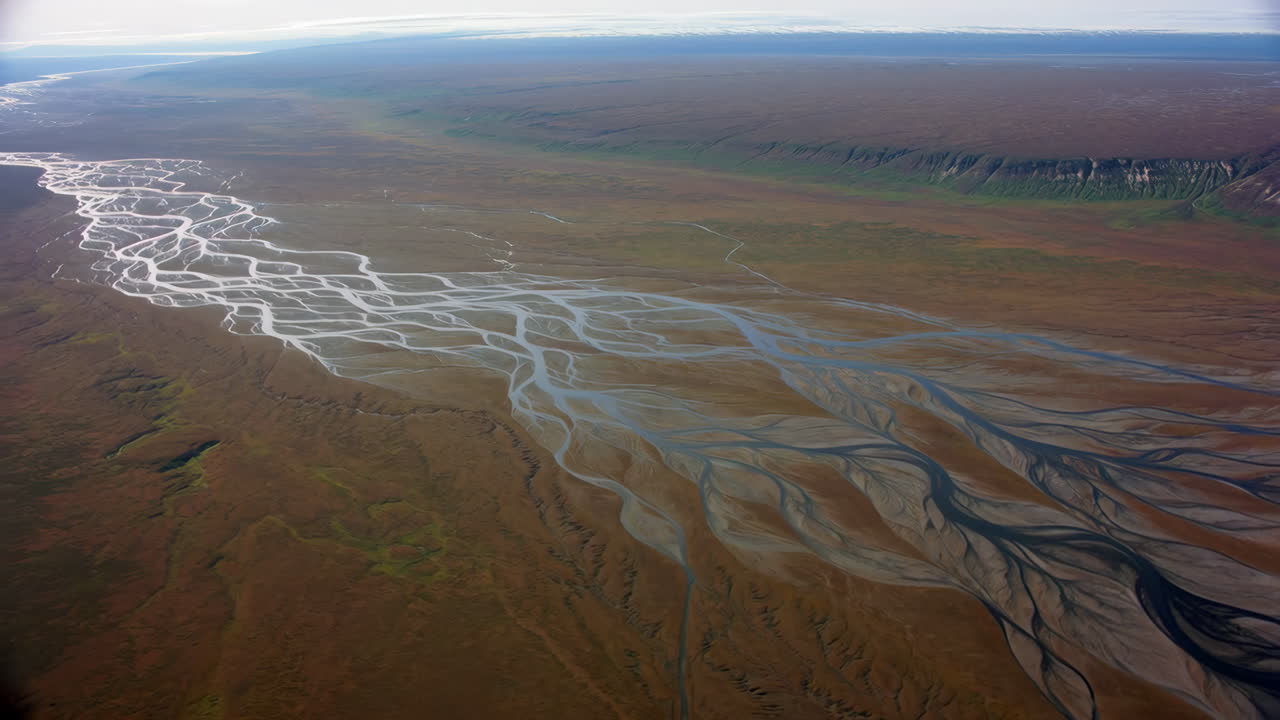 Aerial View of a Braided River System in a Vast Valley