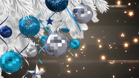 animación de árbol de navidad decorado y estrellas iluminadas sobre fondo negro