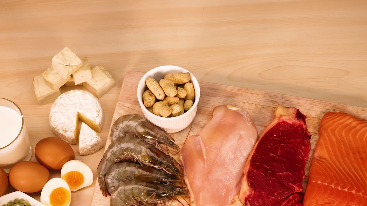 variedad de carnes, mariscos, nueces y productos lácteos