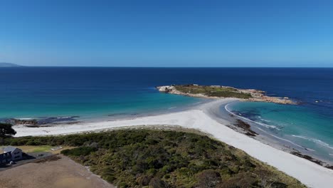 aerial panoramic view of diamond island bicheno and the azure waters in tasmania, australia