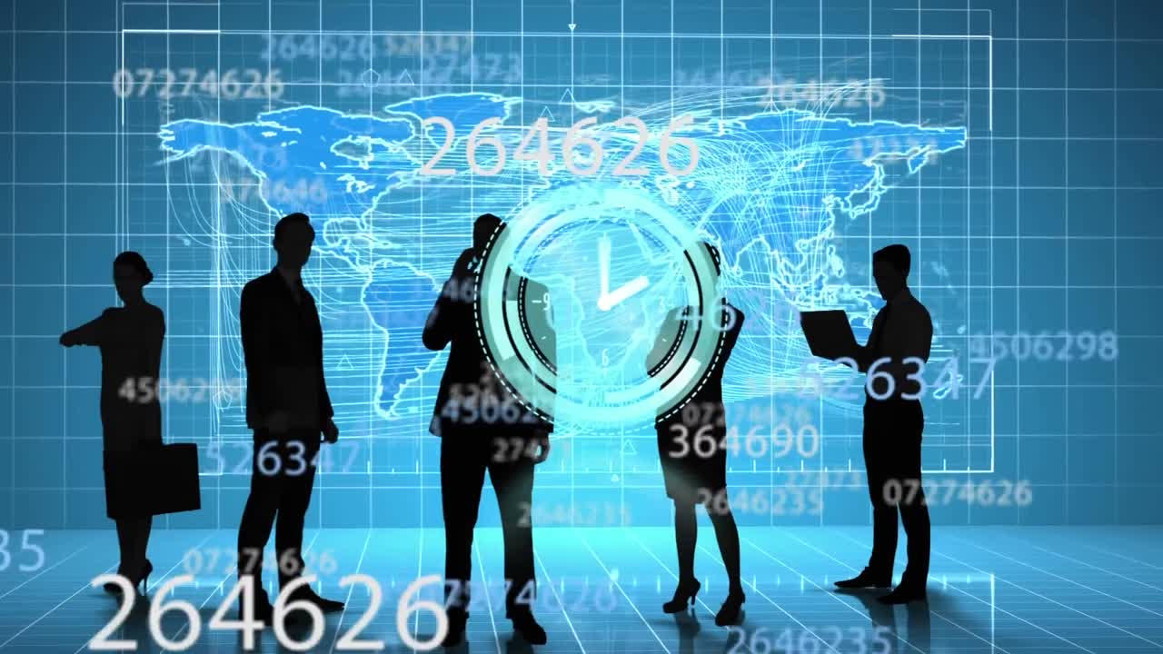 네온 디지털 시계 는 세계 지도 에 비해 사업가 들 의 실루 ⁇  을 가로지르고 숫자 를 바꾸고 있다