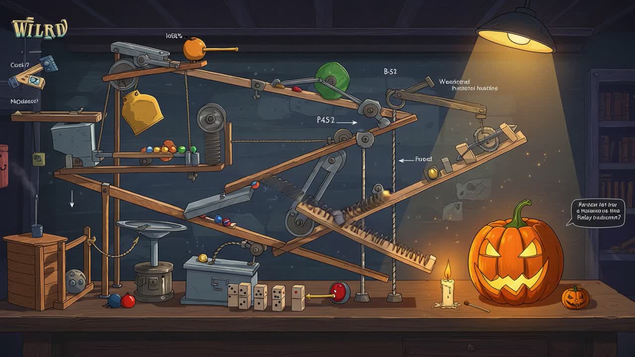 An Engaging Halloween Themed Rube Goldberg Machine with Colorful Balls, Tools, and a Carved Pumpkin Lighted by a Candle in a Cozy Workshop Setting