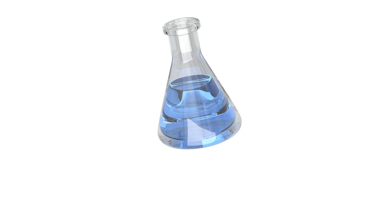 Beuta di Erlenmeyer con liquido blu in rotazione su sfondo bianco