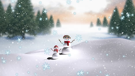 Animation-of-snow-falling-over-smiling-mother-and-child-snowman-in-winter-scenery