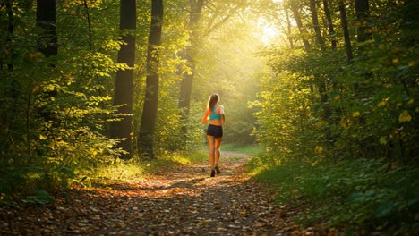 a fit female runner enjoys a scenic jogging route through a lush green forest, illuminated by soft morning light and surrounded by nature's beauty