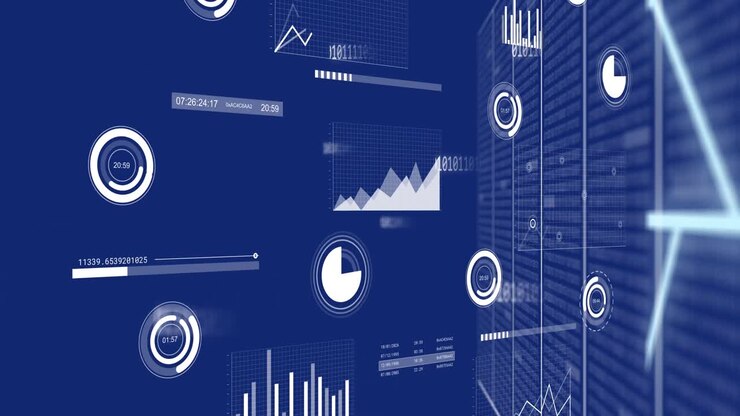 Animation of multiple graphs, loading circles and bars with binary codes on server racks
