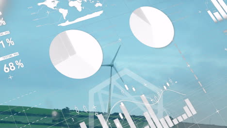 wind turbine and landscape with data charts and graphs overlay animation