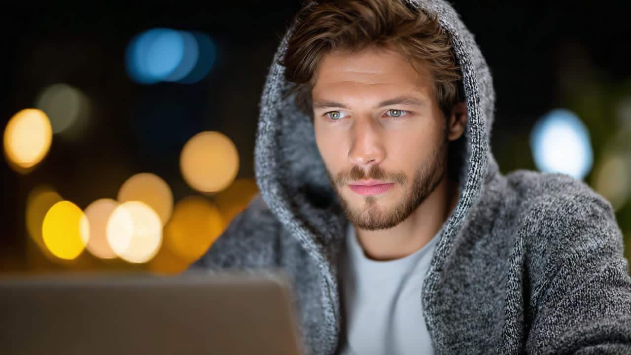 Konzentrierte Person mit Hoodie, die bis spät in die Nacht an einem Laptop arbeitet, umgeben von sanften Bokeh-Lichtern, die eine intime und kreative Atmosphäre schaffen