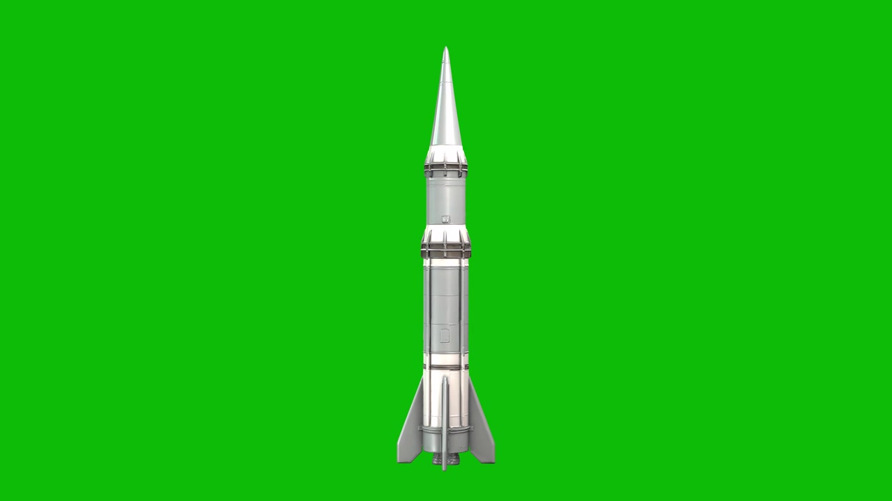 Design dettagliato 3D di missile nucleare militare 01, con corpo metallico, ogiva aerodinamica e alette stabilizzatrici, isolato su green screen. Tecnologia aerospaziale, concetti militari, immagini di guerra