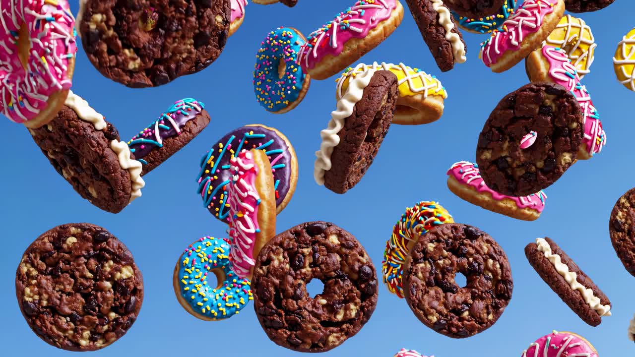 Eine skurrile Videoszene von bunten Donuts und Keksen, die vor einem klaren blauen Himmel schweben