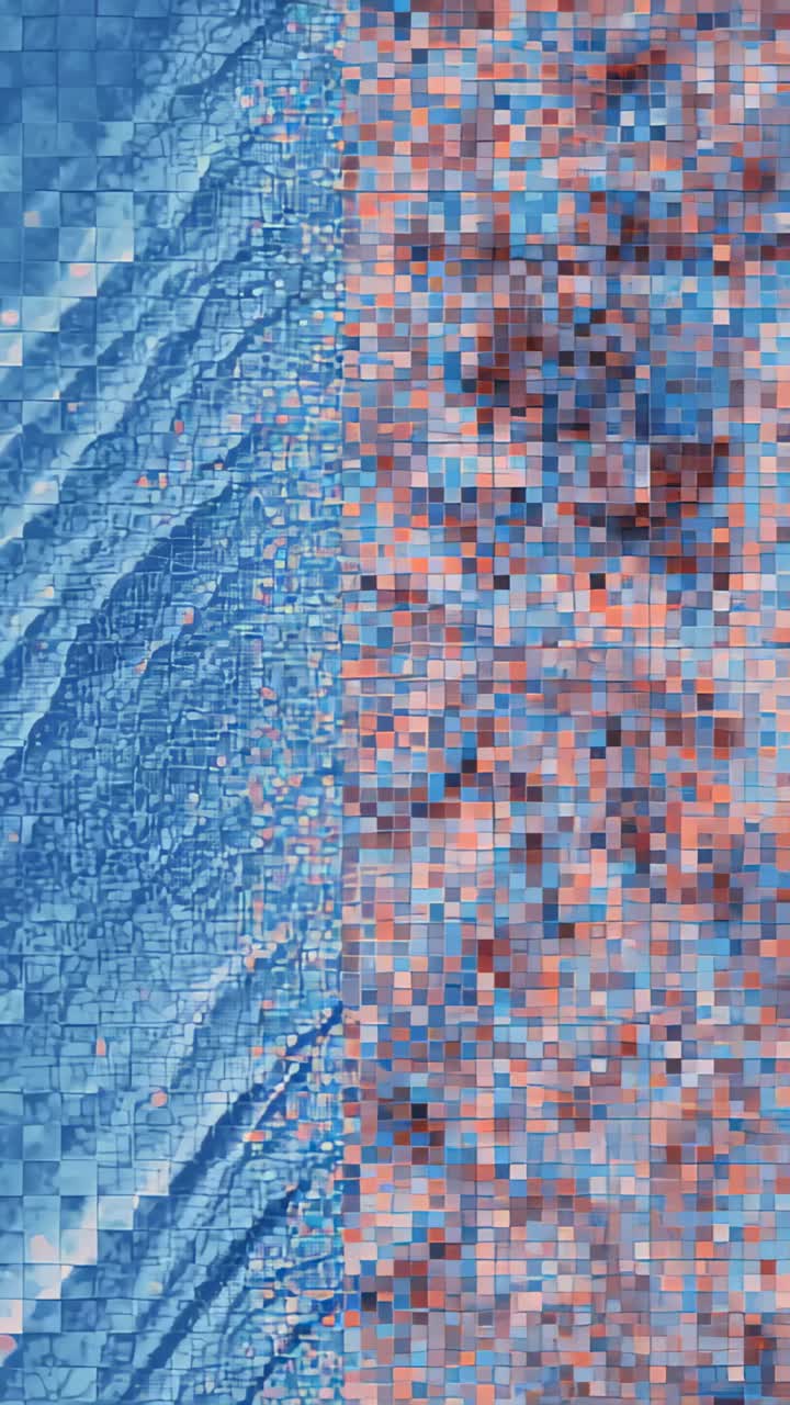Vertical video: Zooming camera into mosaic tiles, revealing blue band, sandy strip and gridlines