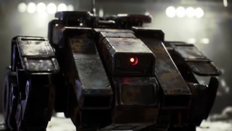 a close-up view of a futuristic robotic machine highlighting its intricate design and mechanical features in a dimly lit environment